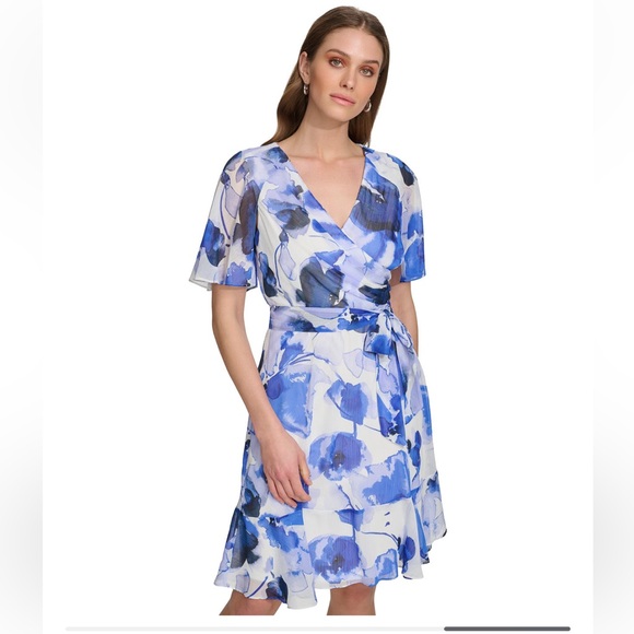 DKNY Surplice-Neck Cape-Sleeve Fit & Flare Dress- NEW - Picture 6 of 10